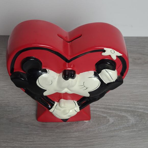 Mickey Minnie Mouse Kissing Heart Shaped Red Ceramic Coin Bank - Picture 2 of 9